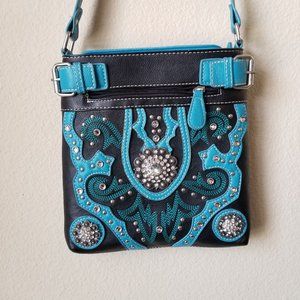 Western Style Crossbody Bag Black and Turquoise